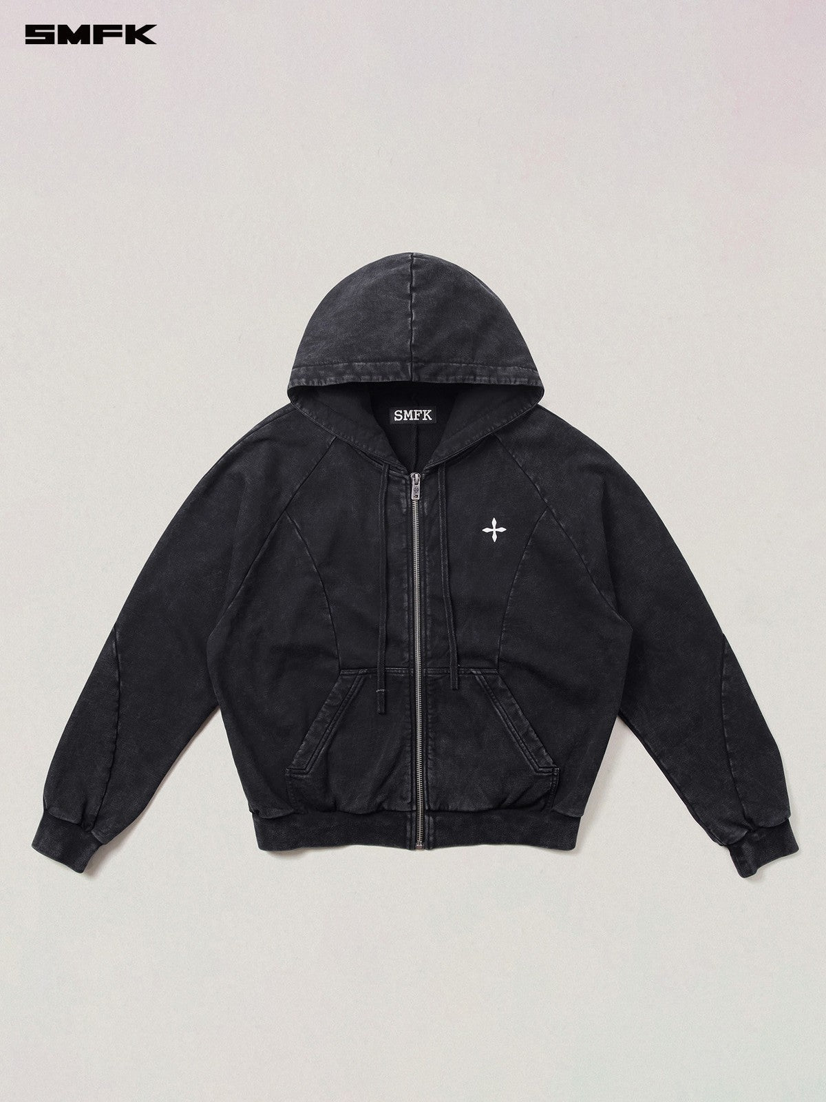 SMFK Distressed Washed Cotton Zip Up Hoodie in Gray