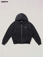 SMFK Distressed Washed Cotton Zip Up Hoodie in Gray
