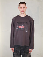 UNKNOWNWORLD Throbbing Gristle Waffle Sweatshirt in Dark Gray - On Male Model