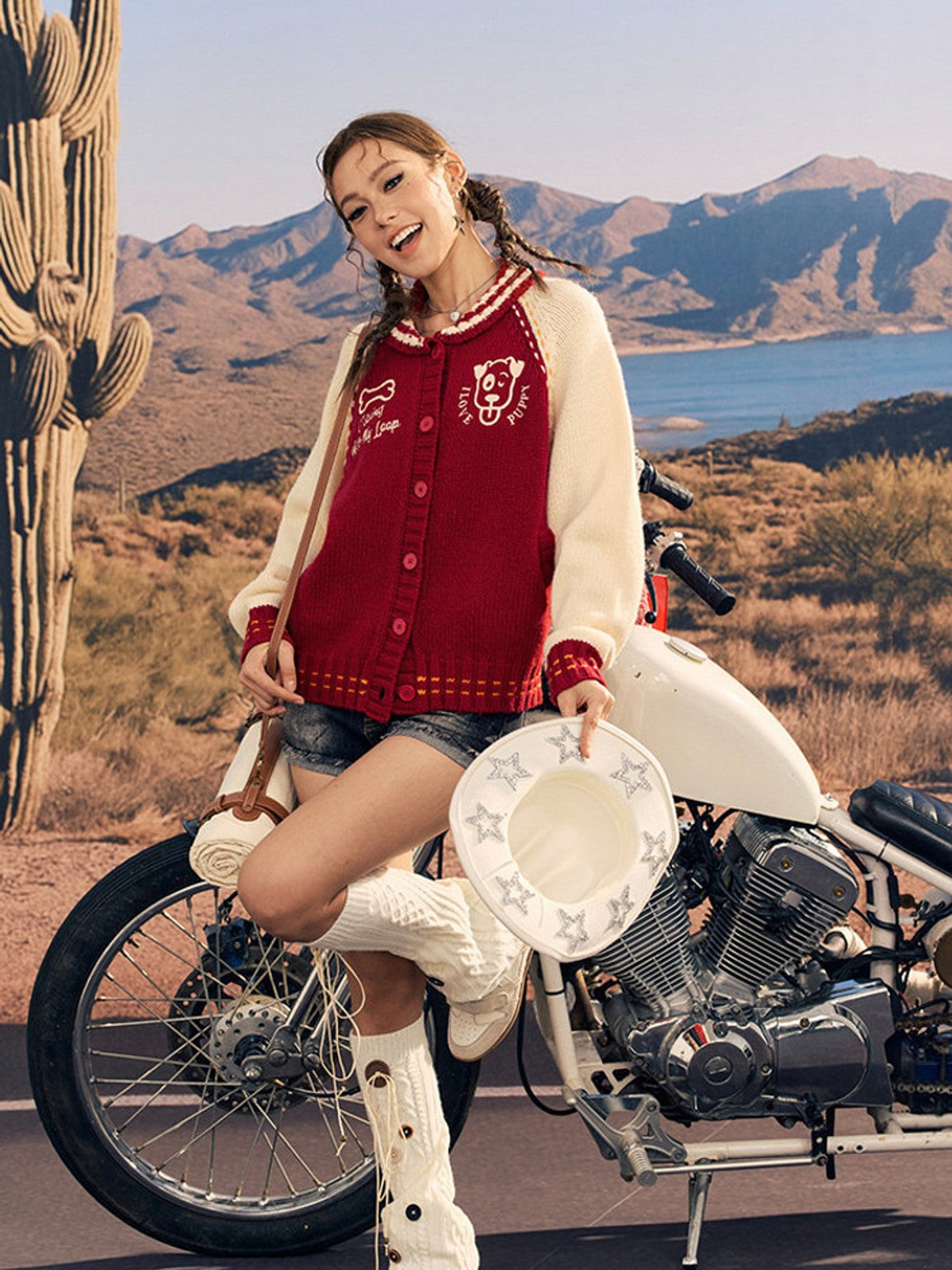 BEERBRO Dog Motif Wool Cardigan in Red - On Female Model