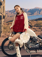 BEERBRO Dog Motif Wool Cardigan in Red - On Female Model