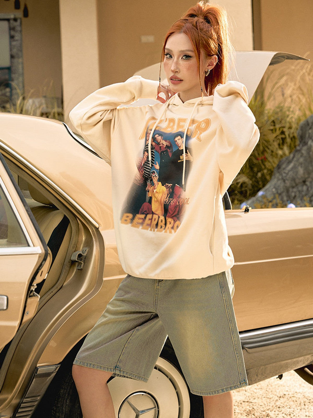 BEERBRO Retro Graphic Print Hoodie in Cream - On Female Model