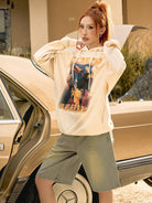 BEERBRO Retro Graphic Print Hoodie in Cream - On Female Model