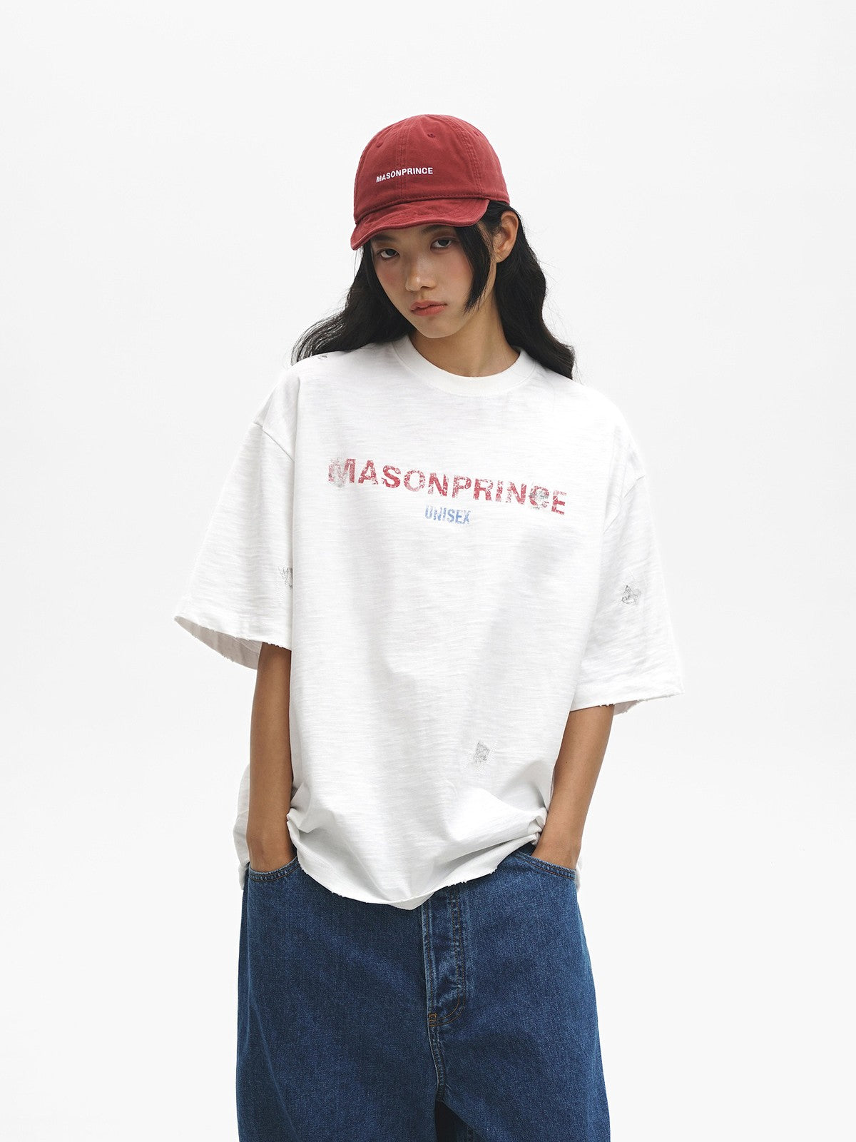 MASONPRINCE Distressed Embroidered Slub T Shirt in White - On Female Model
