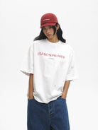 MASONPRINCE Distressed Embroidered Slub T Shirt in White - On Female Model