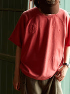 USAGE Vintage Wash Distressed Short Sleeve Sweatshirt in Red - On Male Model
