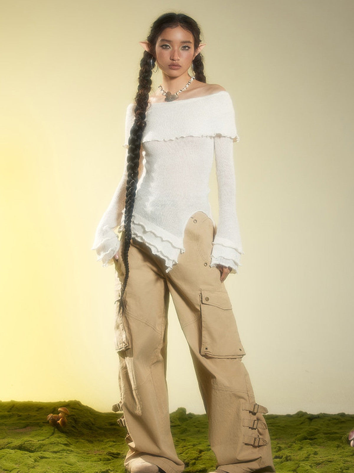 BEERBRO Washed Buckle Strap Cargo Pants in Beige - On Female Model