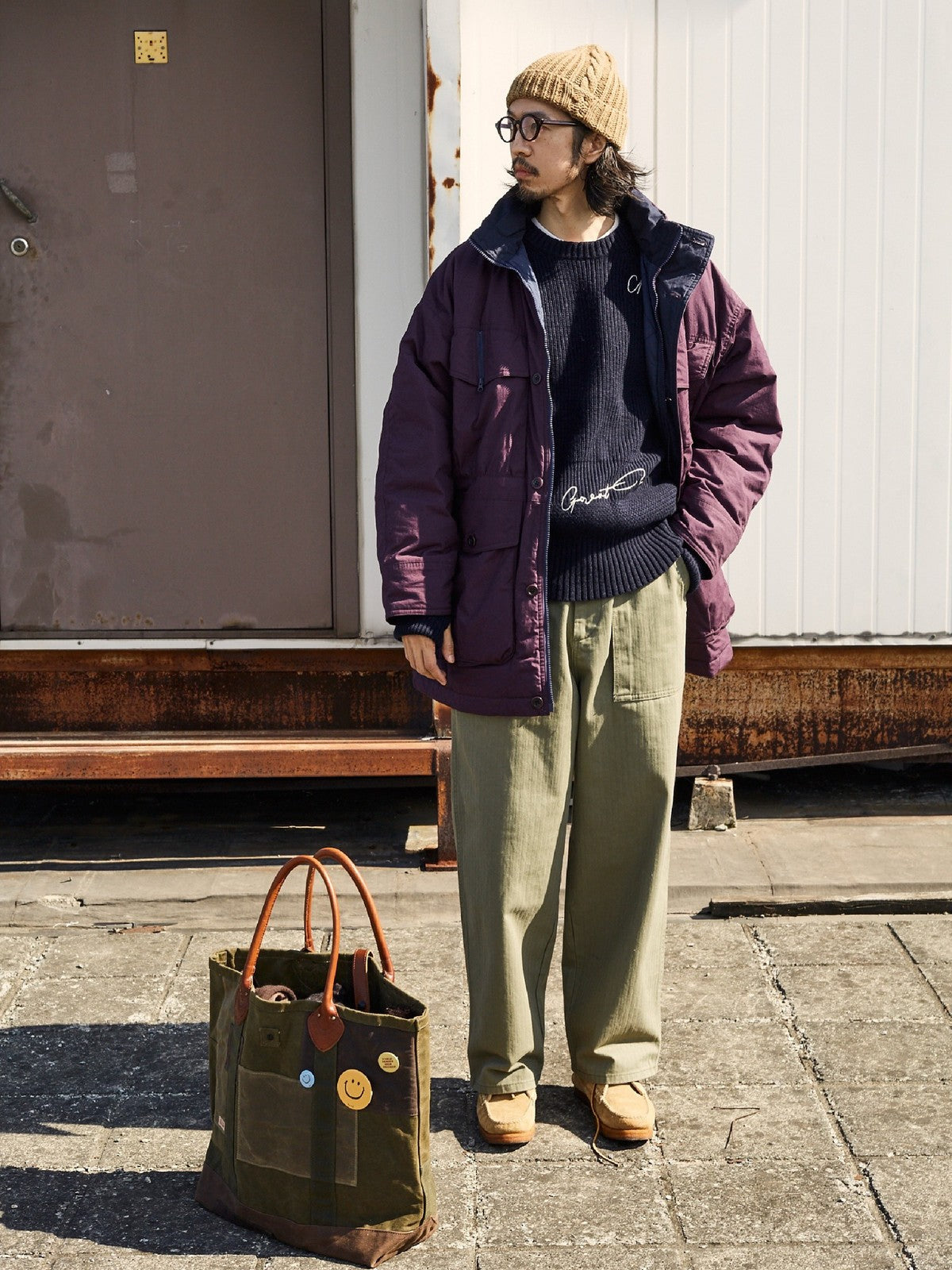USAGE Heavyweight Herringbone Baker Pants in Olive - On Male Model