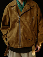 USAGE Distressed Faux Suede Moto Jacket in Brown - On Male Model