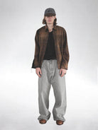 UNKNOWNWORLD Distressed Raw Hem Plaid Shirt in Brown - On Male Model