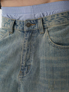 MASONPRINCE Frayed Hem Slub Denim Pants in Light Blue - On Model