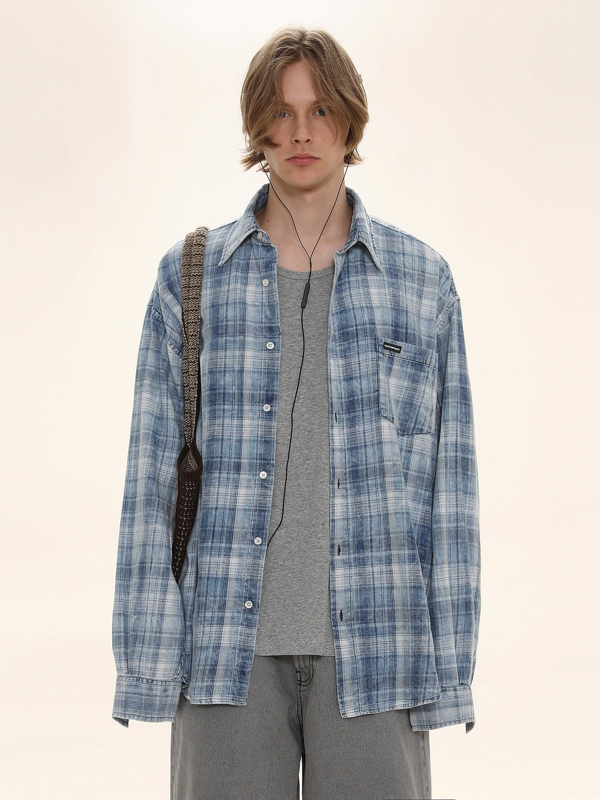 MASONPRINCE Long Sleeve Plaid Cotton Shirt in Light Blue - On Male Model