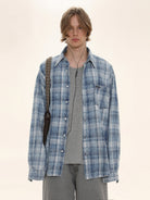 MASONPRINCE Long Sleeve Plaid Cotton Shirt in Light Blue - On Male Model