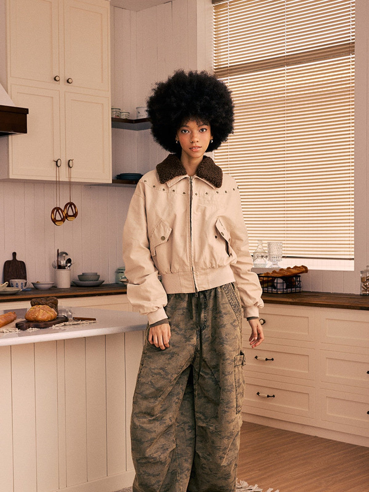 BEERBRO Washed Camo Parachute Cargo Pants in Olive - On Female Model