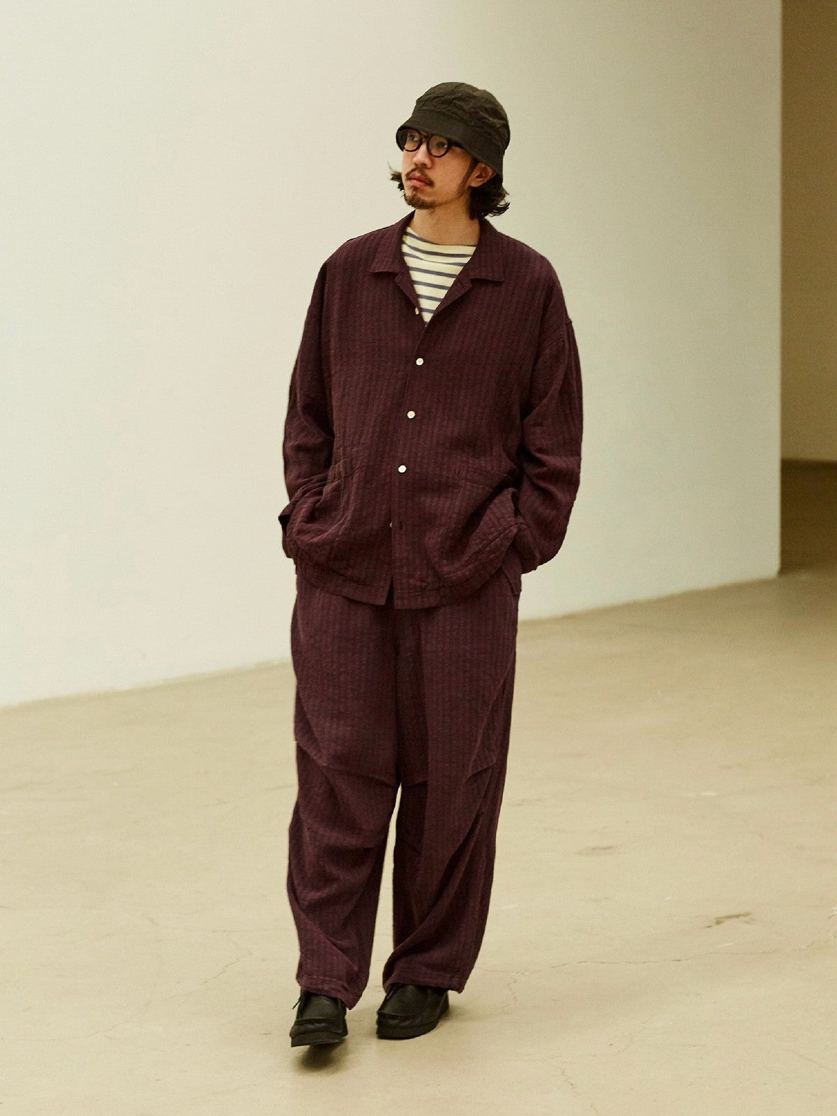 USAGE Textured Cotton Ramie Work Shirt in Purple - On Male Model