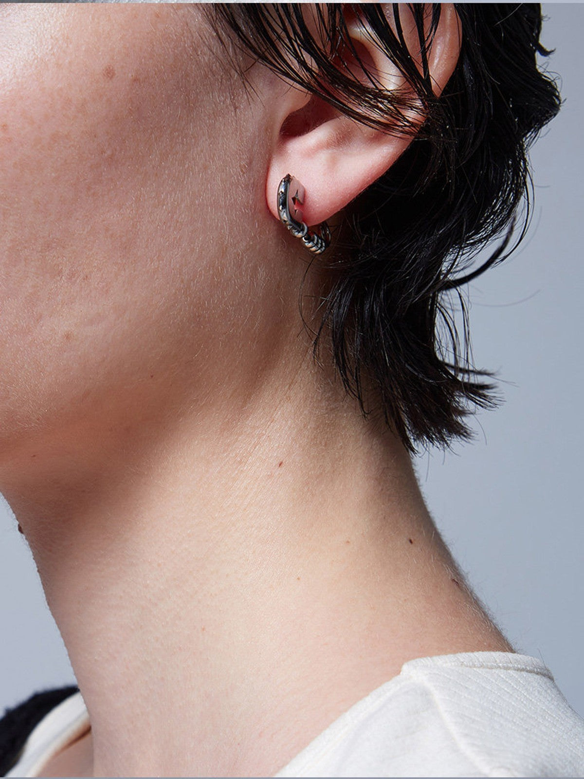 BLACKHEAD Rivet Ball Safety Pin Earrings in Silver - On Model