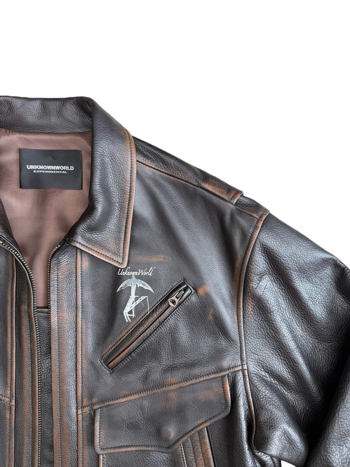 UNKNOWNWORLD Distressed Cowhide Flight Jacket in Brown - Detail