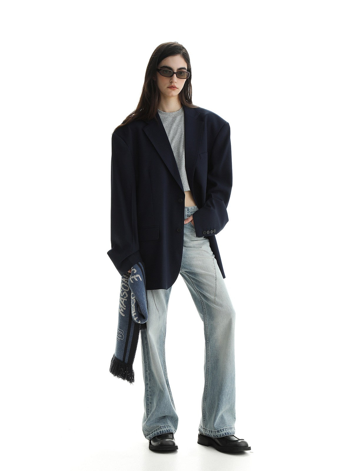 MASONPRINCE Minimalist Textured Two Button Blazer in Navy Blue - On Female Model