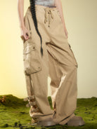 BEERBRO Drawstring Panelled Cargo Pants in Beige - On Female Model