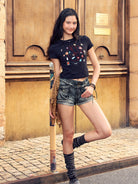 BEERBRO Embroidered Apple Crop Tee in Black - On Female Model