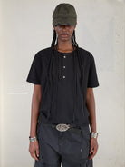 UNKNOWNWORLD Distressed Cotton Henley T Shirt in Black - On Model