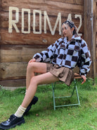 BEERBRO Checkerboard Cropped Jacket in White - On Female Model