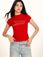 BEERBRO Studded Graphic Mock Neck Tee in Red - On Female Model