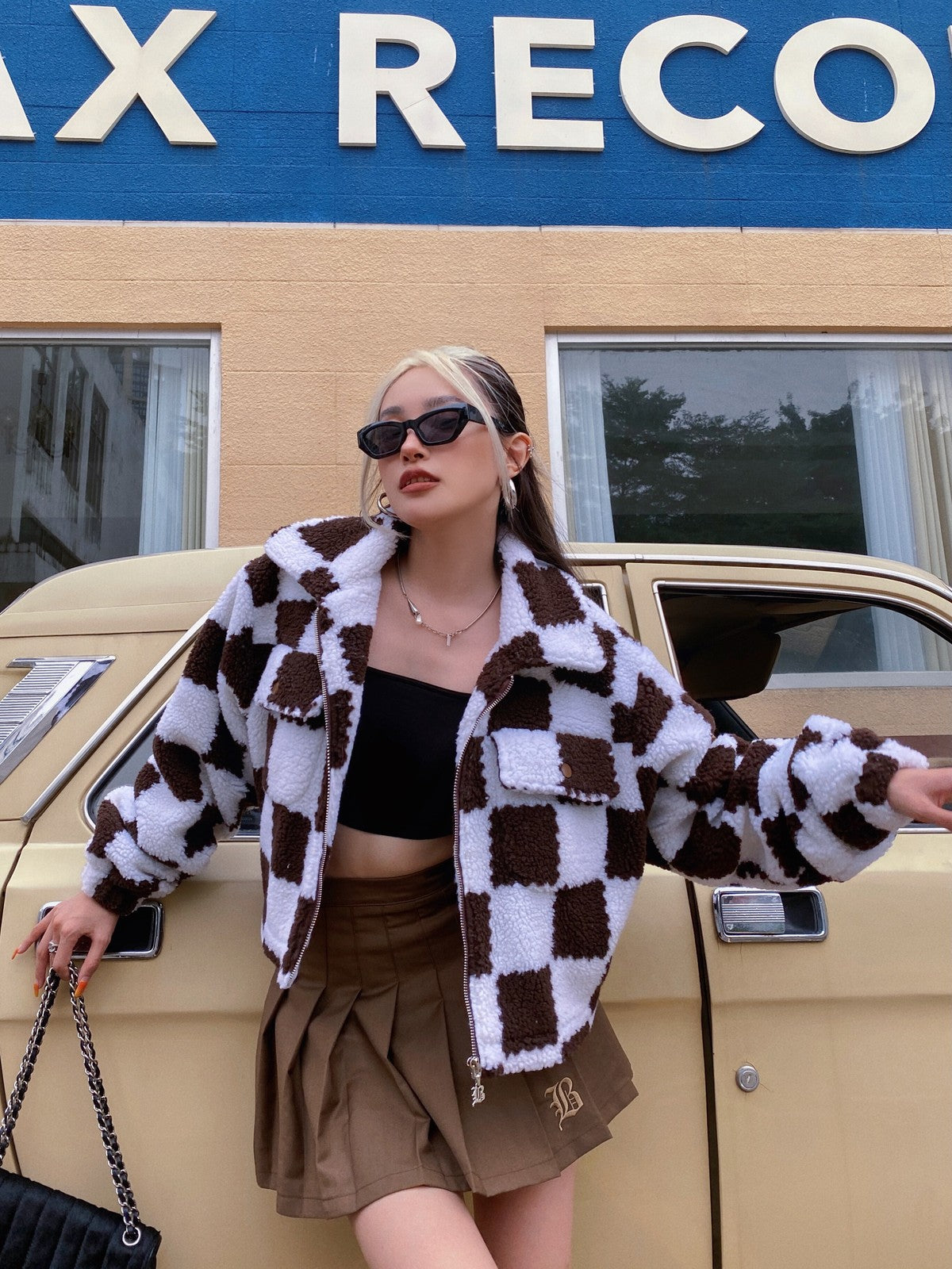 BEERBRO Checkerboard Cropped Jacket in White - On Female Model