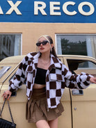 BEERBRO Checkerboard Cropped Jacket in White - On Female Model