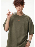 MASONPRINCE Suede Short Sleeve T Shirt in Olive - On Male Model