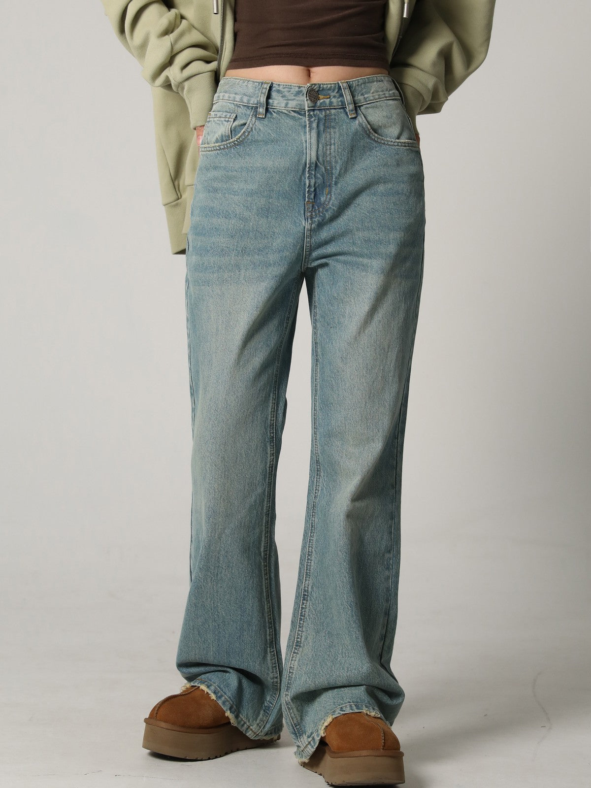 MASONPRINCE High Waisted Distressed Flared Jeans in Denim - On Female Model