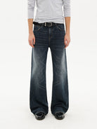 MASONPRINCE Faded Slub Flared Jeans in Navy Blue - On Male Model
