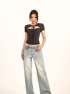BEERBRO Lace Trim Cutout Baby Tee in Gray - On Female Model