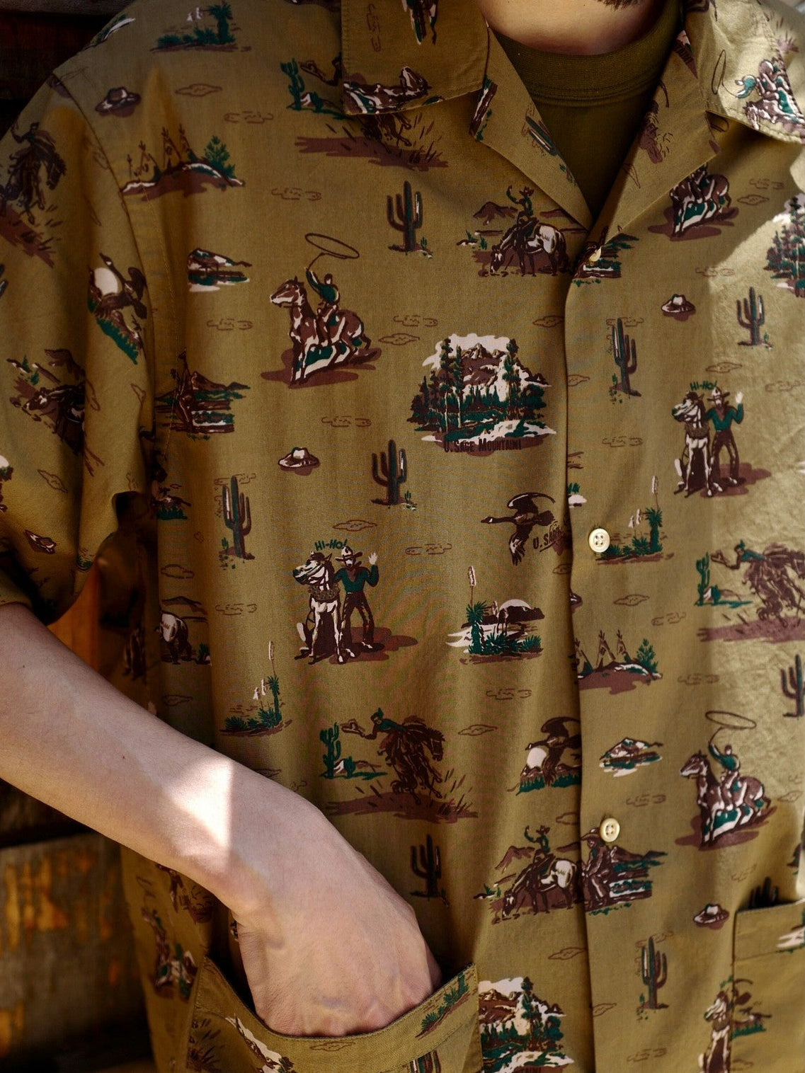 USAGE Cowboy Print Cotton Hawaiian Shirt in Beige - On Male Model