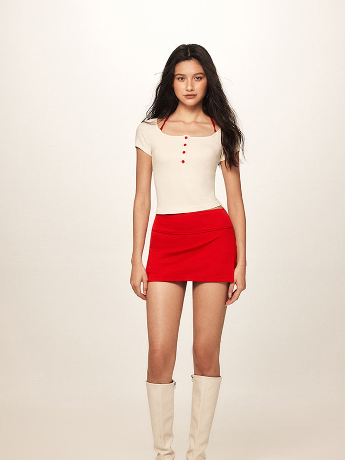 BEERBRO Faux Layered Knit Henley Crop Top in Red - On Female Model