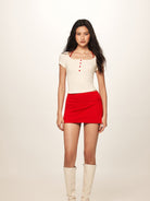 BEERBRO Faux Layered Knit Henley Crop Top in Red - On Female Model