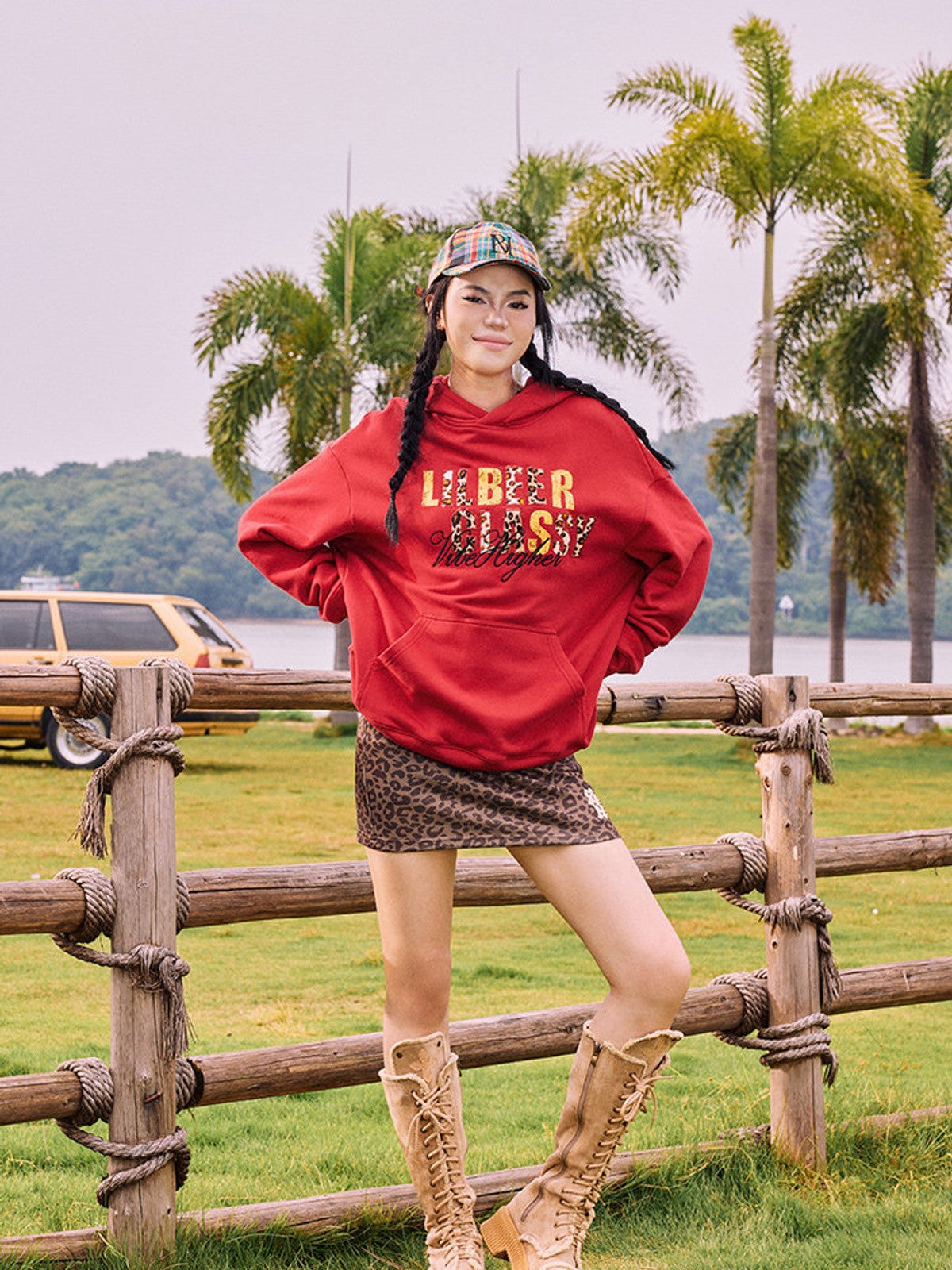 BEERBRO Heavyweight Graphic Print Hoodie in Red - On Female Model