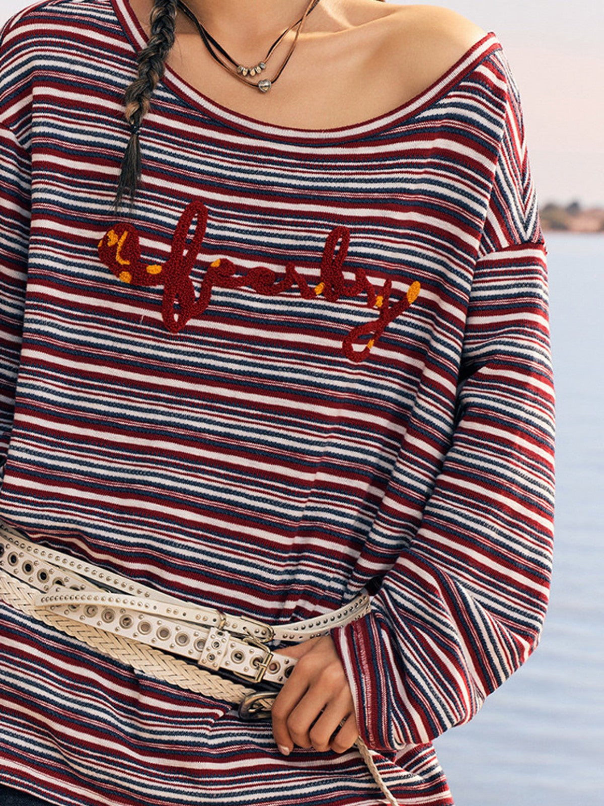 BEERBRO Striped Off Shoulder Long Sleeve Tee in Red - On Female Model