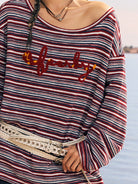 BEERBRO Striped Off Shoulder Long Sleeve Tee in Red - On Female Model