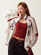 BEERBRO Varsity Patch Zip Up Cardigan in Off-White - On Female Model