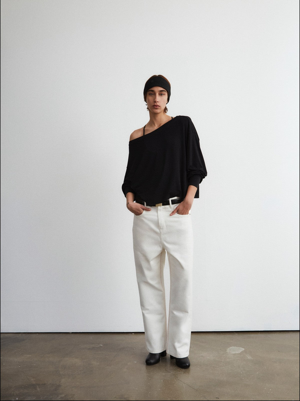 FaxCopyExpress Off Shoulder Overlay Sweatshirt in Black - On Female Model