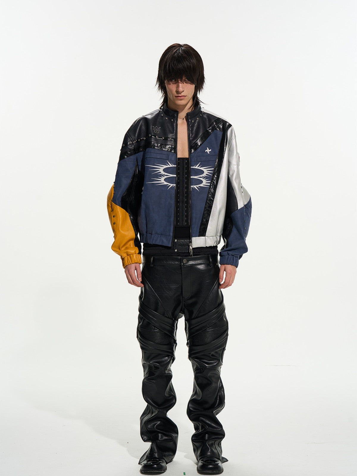 BLINDNOPLAN Color Blocked Faux Leather Biker Jacket in Black - On Male Model