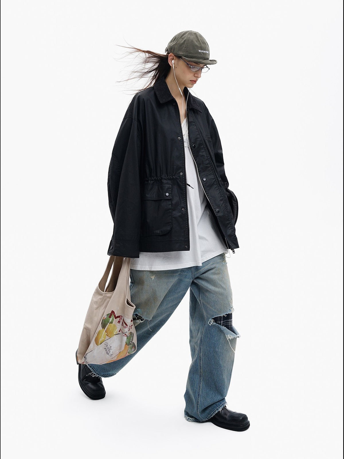 MASONPRINCE Waxed Cotton Barn Jacket in Black - On Female Model