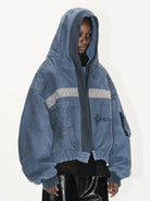 BLINDNOPLAN Distressed Hooded MA 1 Bomber Jacket in Blue - On Female Model