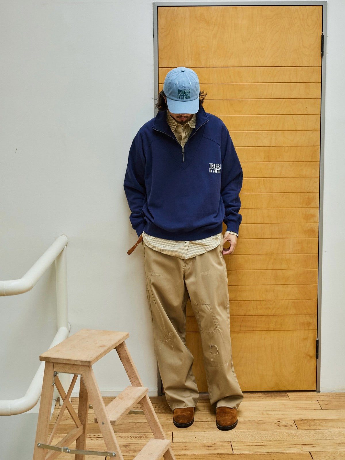 USAGE Heavyweight Cotton Half Zip Sweatshirt in Navy Blue - On Male Model