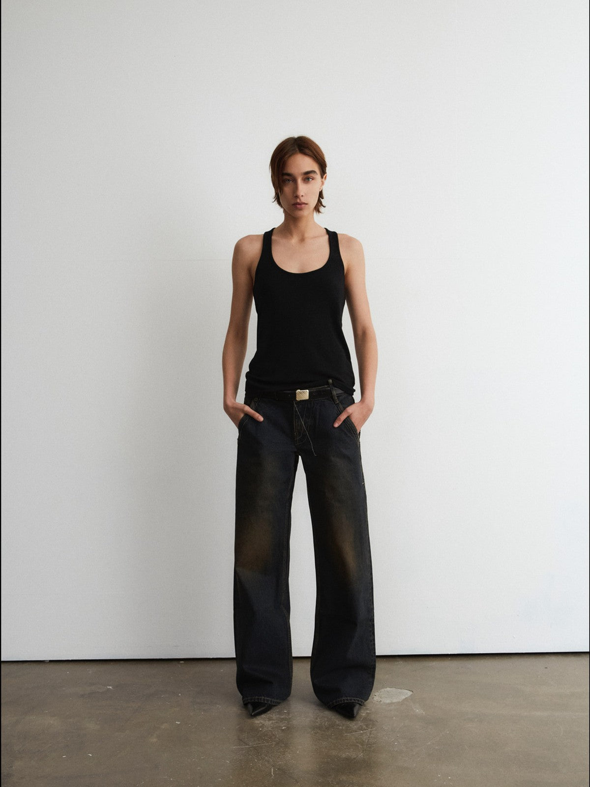 FaxCopyExpress Basic 2 Distressed Wide Leg Jeans in Black - On Model