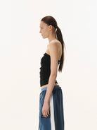 BLINDNOPLAN Contrast Panel Pleated Parachute Pants in Blue - On Female Model