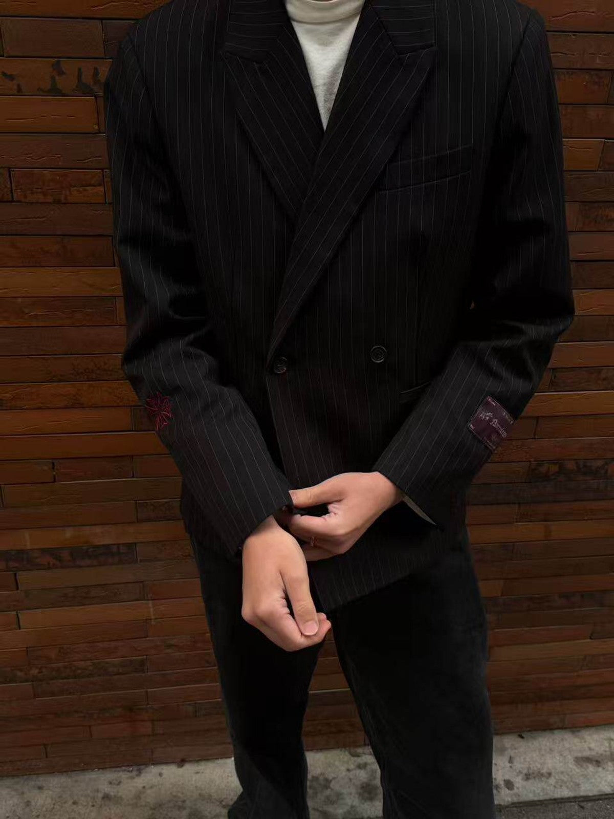 SOD Striped Double Breasted Wool Blend Blazer in Black - On Model