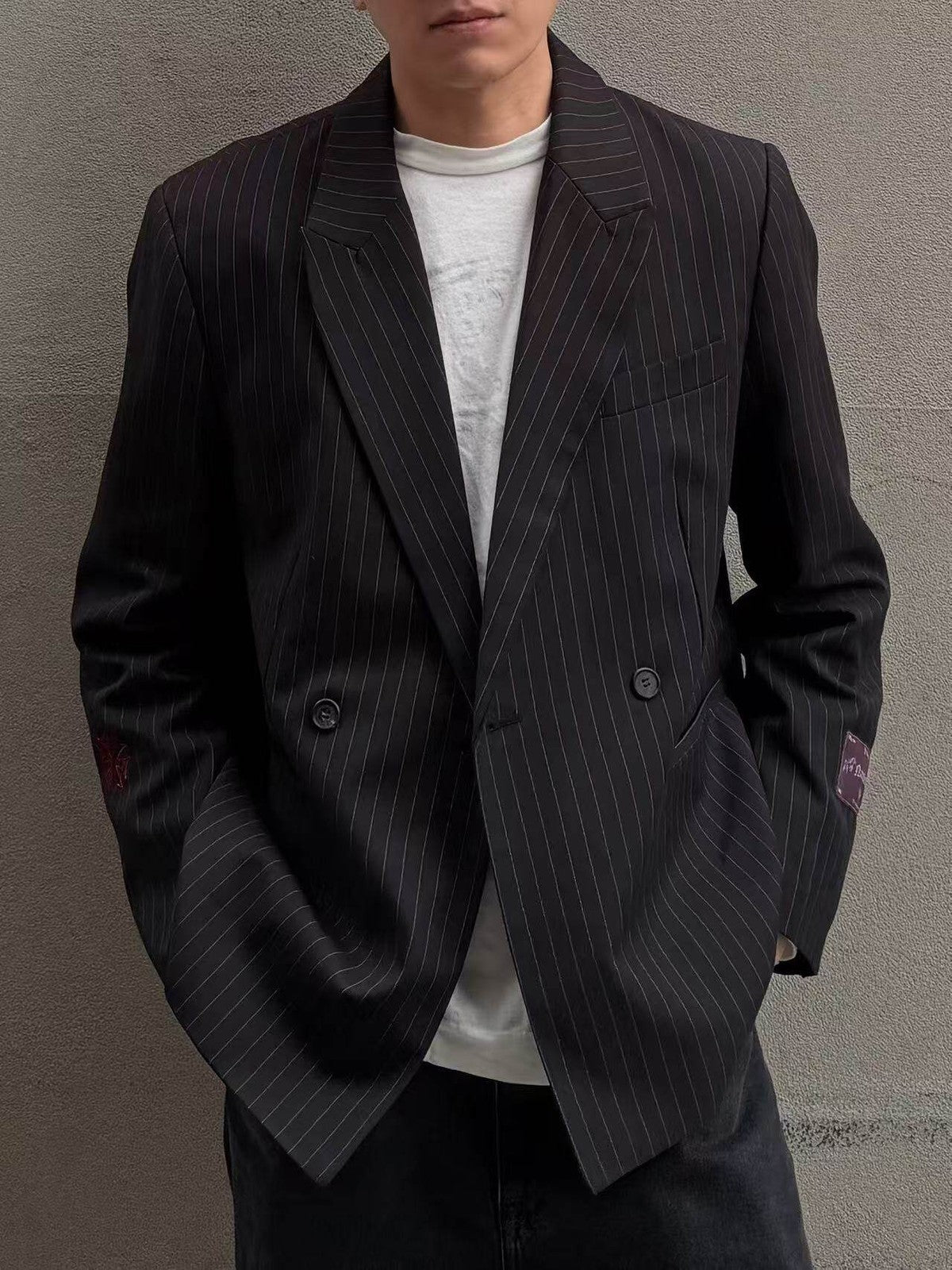 SOD Striped Double Breasted Wool Blend Blazer in Black - On Male Model