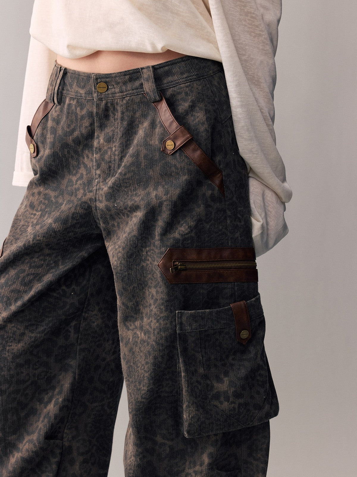 BEERBRO Leopard Print Spliced Cargo Pants in Brown - On Female Model